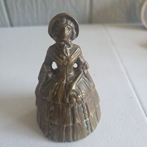 Antique 3" Solid Brass Table Bell Victorian Woman Tiered Hoop Dress Bonnet